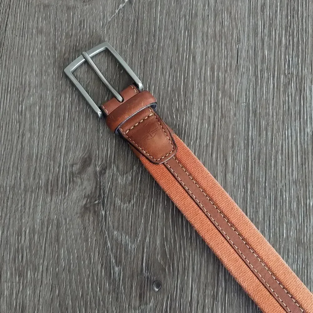 Men's Orange Cotton Canvas Web Belt with Brown Leather Trim Sz 40